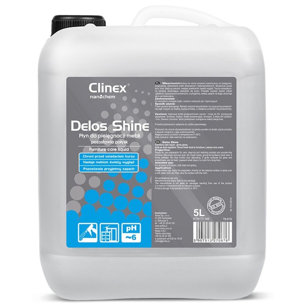 CLINEX Delos Shine, 5 litri, cu pulverizator, solutie pentru curatare si stralucire mobila_1