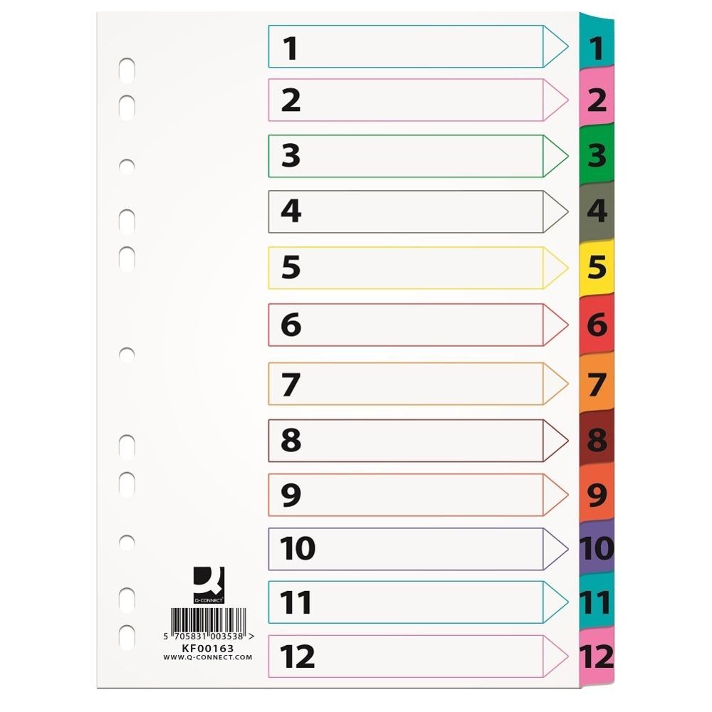 Index carton alb Mylar numeric 1-12, margine PP color, A4, 170g/mp, Q-Connect_1