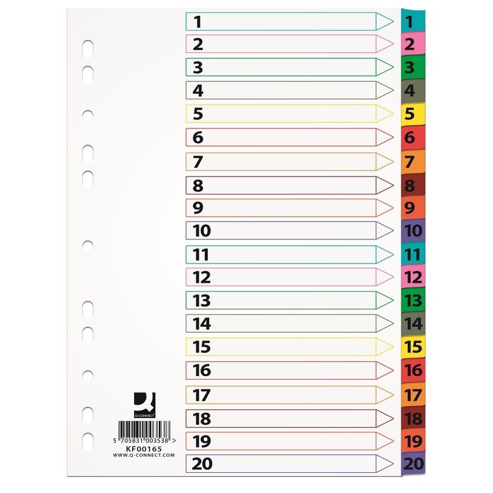 Index carton alb Mylar numeric 1-20, margine PP color, A4, 170g/mp, Q-Connect_1