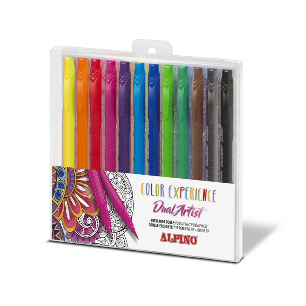 Carioca cu 2 capete, varf liner 0.7mm/tip pensula, 12 culori/set, ALPINO Color Experience_1