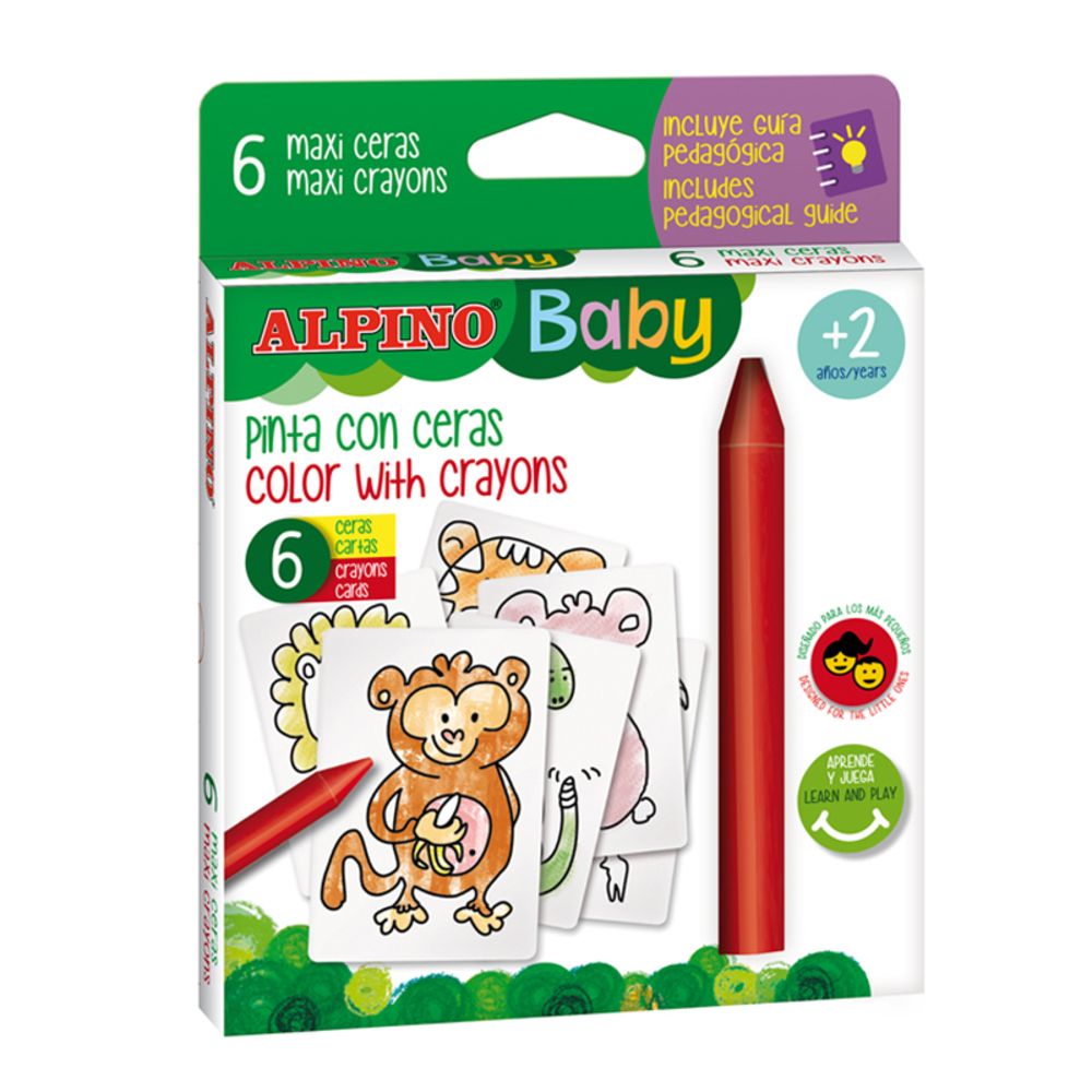 Creioane cerate, 6 culori/set, 6 carduri cu animale, pt. colorat, ALPINO Baby_1