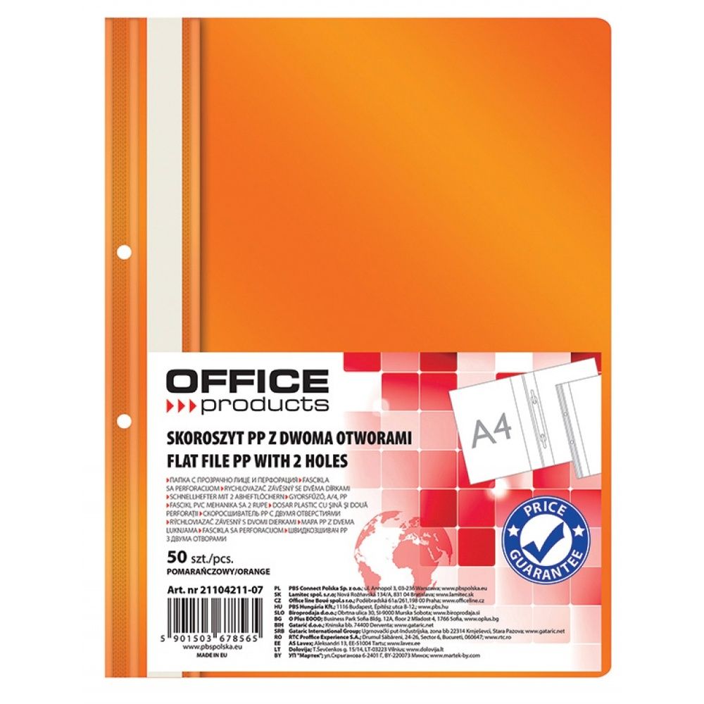 Dosar plastic PP cu sina, cu gauri, grosime 100/170microni, 50 buc/set, Office Products - orange_1