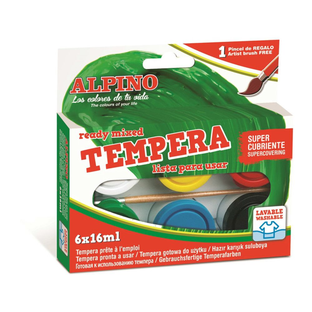 Tempera lavabila, 6 culori x 16ml/cutie + pensula gratis, Alpino_1