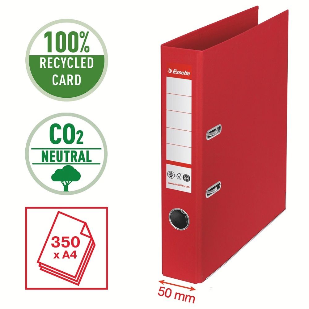 Biblioraft Esselte No.1 Power Recycled, carton CO2 neutru, 100% reciclat, FSC, A4, 50 mm, rosu_1