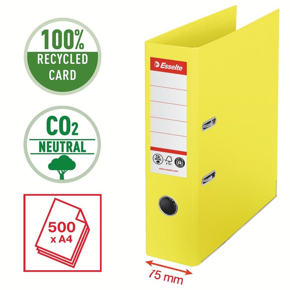 Biblioraft Esselte No.1 Power Recycled, carton CO2 neutru, 100% reciclat, FSC, A4, 75 mm, galben_1