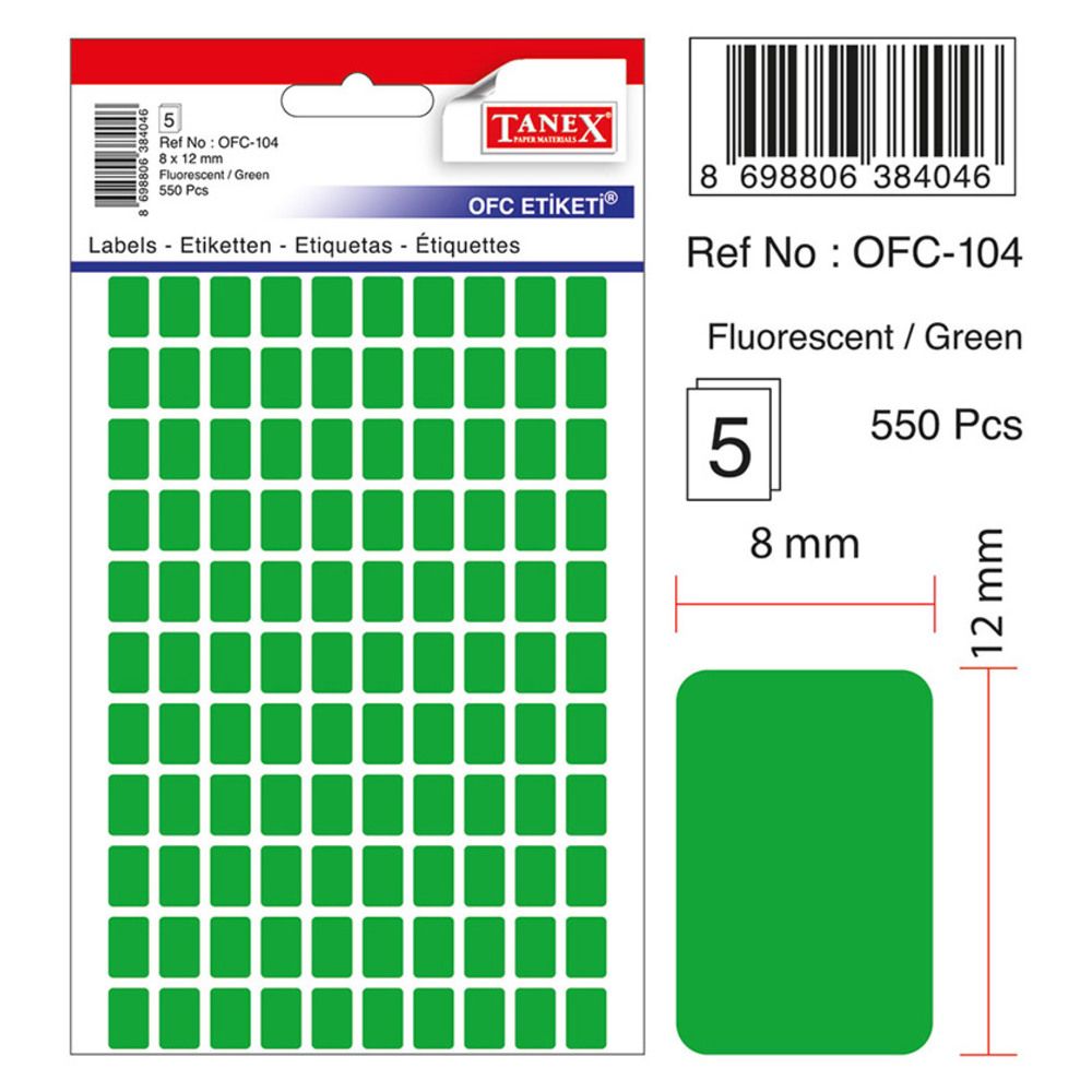 Etichete autoadezive color, 8 x 12 mm, 550 buc/set, TANEX - verde fluorescent_1
