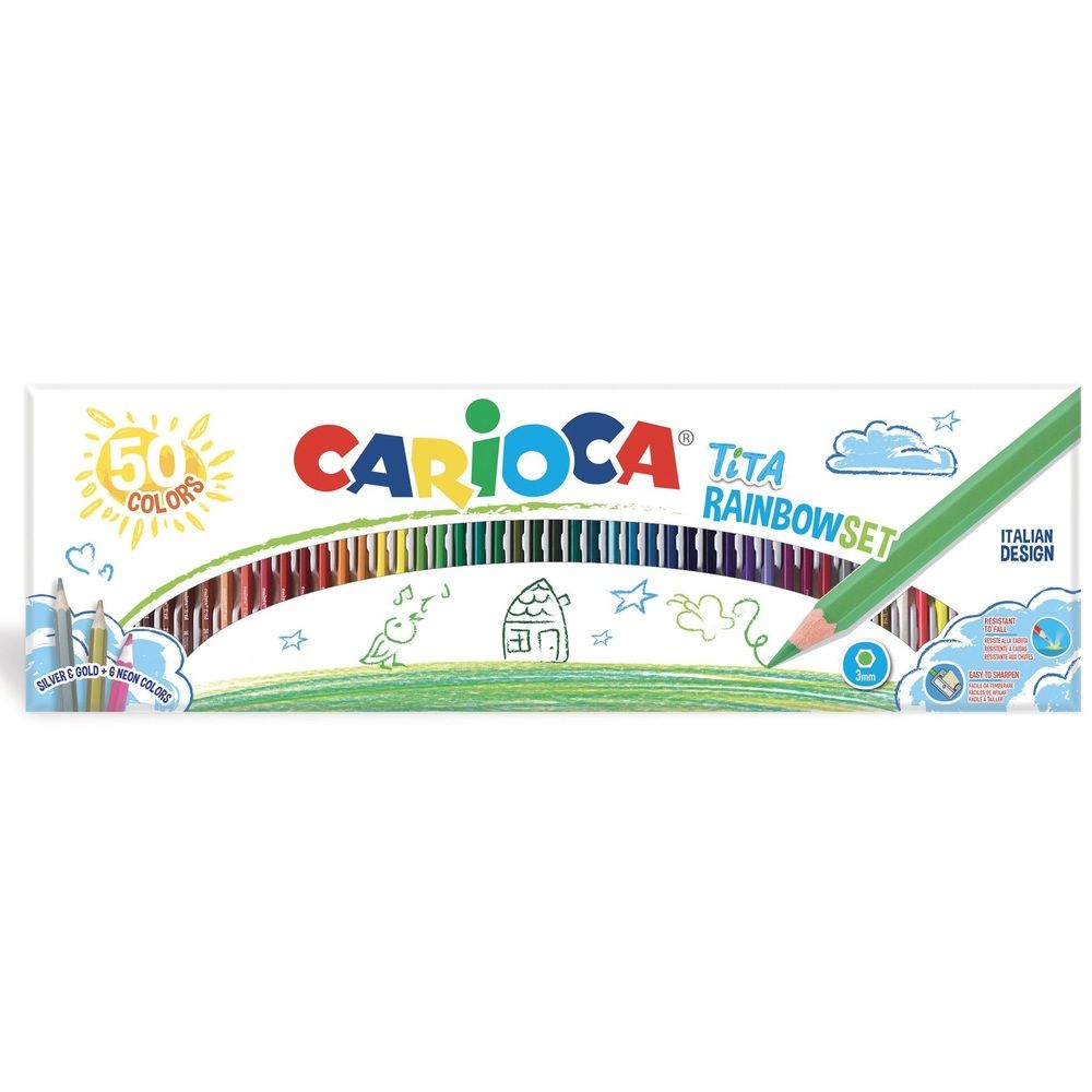 Creioane colorate CARIOCA Tita Rainbow Set, hexagonale, flexibile, 50 culori/cutie_1