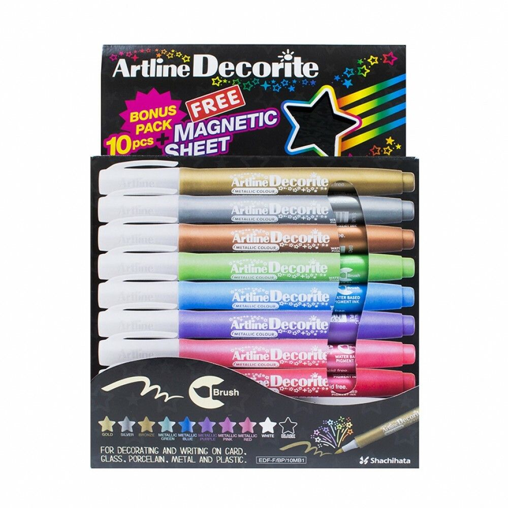 Marker ARTLINE Decorite, varf flexibil (tip pensula), 10 culori metalizate/set + 1 folie magnetica n_1