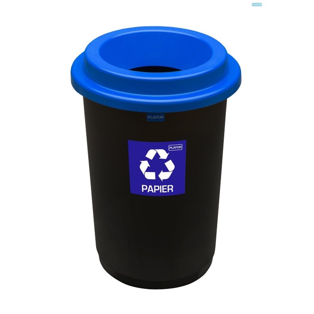 Cos plastic reciclare selectiva, capacitate 50l, PLAFOR Eco - negru cu capac albastru - hartie_1