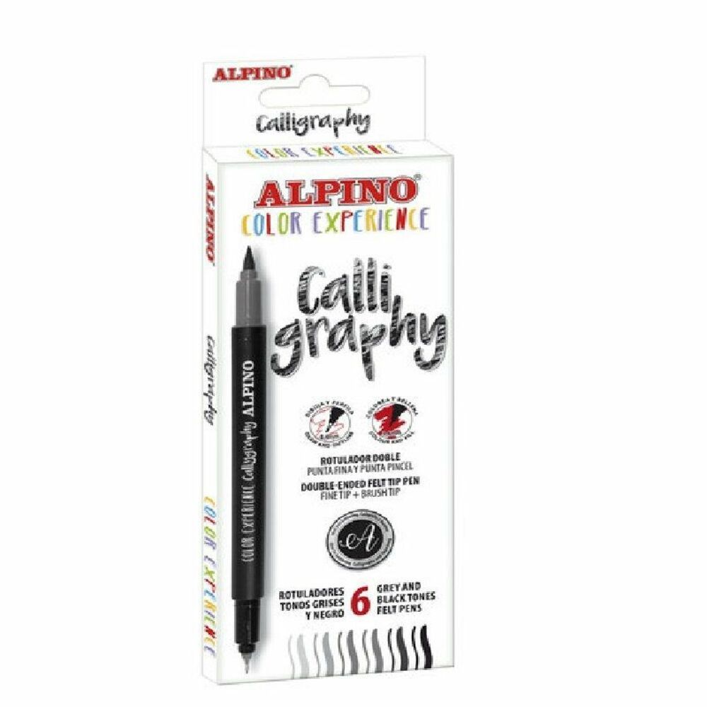 Marker cu 2 capete, pentru caligrafie, varf fine/tip pensula, 6 culori/set, ALPINO Color Experience_1