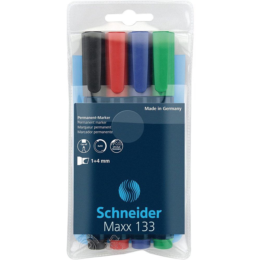 Permanent marker SCHNEIDER Maxx 133, varf tesit 1+4mm, 4 culori/set - (N, R, A, V)_1