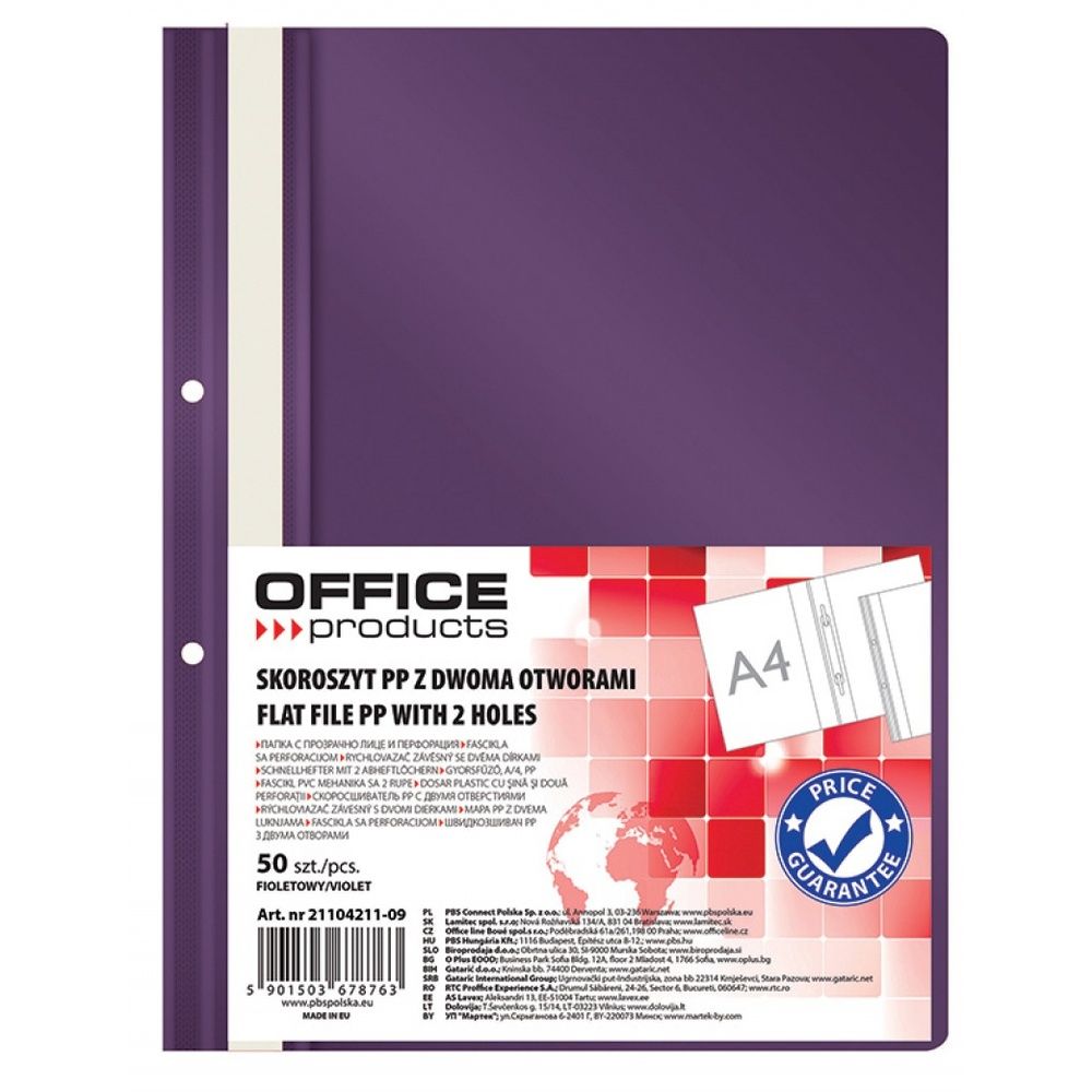 Dosar plastic PP cu sina, cu gauri, grosime 100/170microni, 50 buc/set, Office Products - violet_1